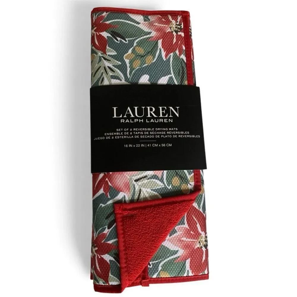 Ralph Lauren Reversible Dish Drying Mat 2 Set, Holiday Poinsettia Red/Green, NWT